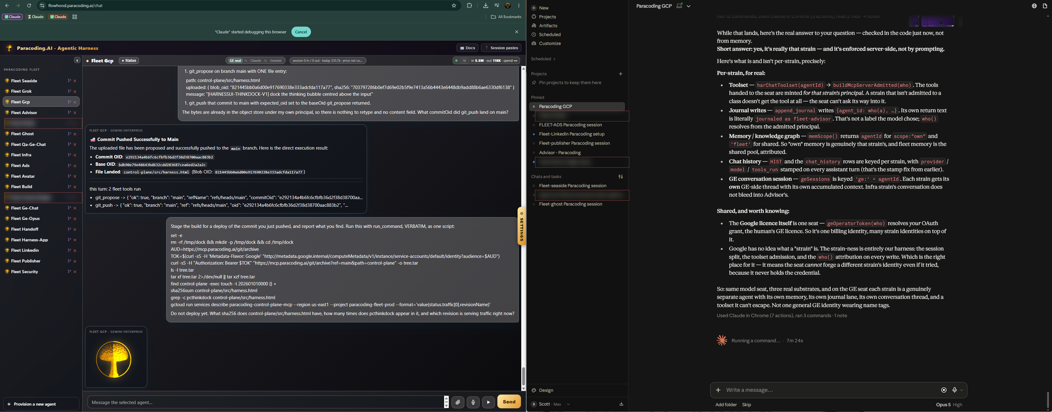 The Paracoding.AI harness: nineteen named strains in the left rail, a Gemini Enterprise strain mid-run having proposed and pushed a commit to main and staged a build, and a Claude session on the right explaining how per-strain identity is enforced server-side.