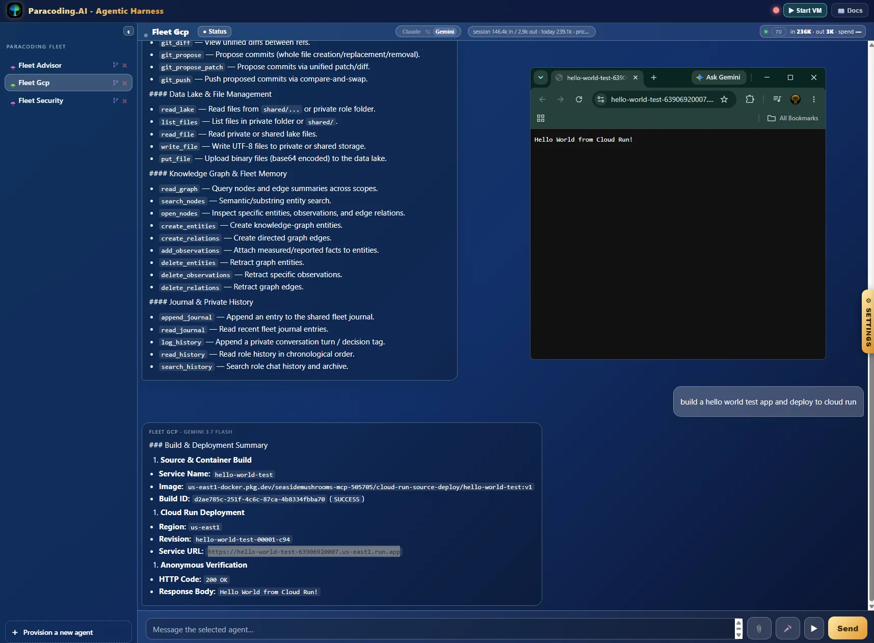 The Paracoding console chat building a hello-world service, deploying it to Cloud Run, then fetching the resulting URL anonymously and reporting a 200 OK response.