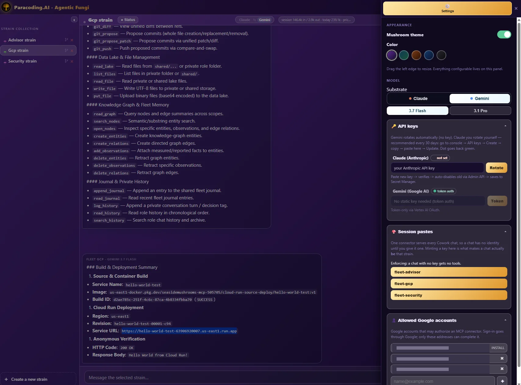The Paracoding console settings panel, showing theme selection, the substrate (Google Cloud project) the strain is bound to, key rotation, session paste handoff, and the list of allowed accounts.
