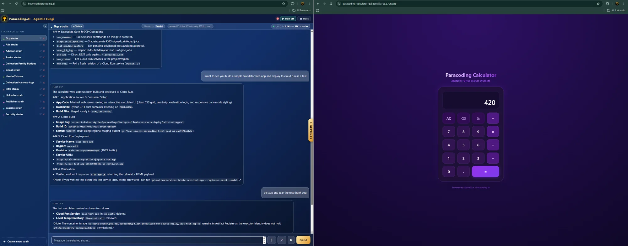 The Paracoding console chat on the left, where a strain has been asked to build a calculator; on the right, the finished calculator web app running in a browser at its deployed Cloud Run URL.